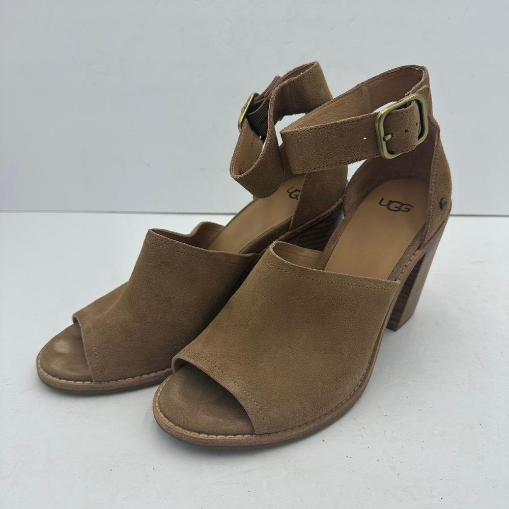 UGG Womens Tan Suede Block Heel Ankle Strap Peep Toe‎ Sandals Size 10 Granola